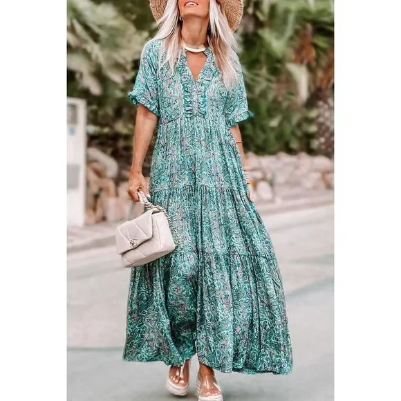 Azura Exchange | Dresses | Azura Exchange Sky Blue Paisley Print Boho  Holiday Ruffle Tiered Maxi Dress | Poshmark